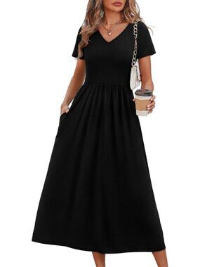 Women's Solid Black Flowy Casual A Line Midi Beach Sundresses With Pocket